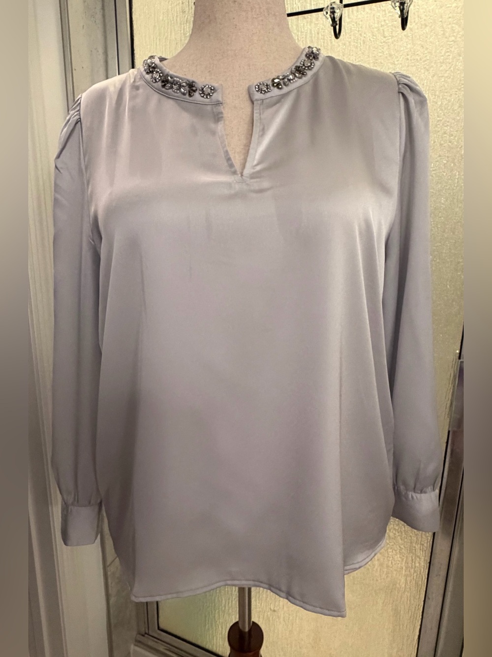 Ann Taylor Petite XLP Gray Satin Beaded Neck Blouse NWT Long Sleeve Top $42